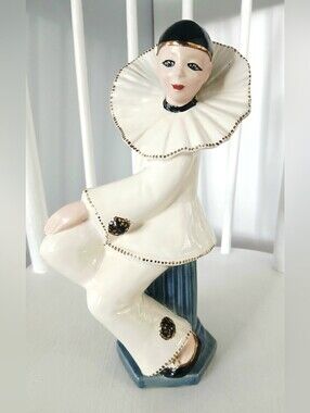 Vintage Cream and Blue Ceramic Pierrot Clown Figurine Accessory